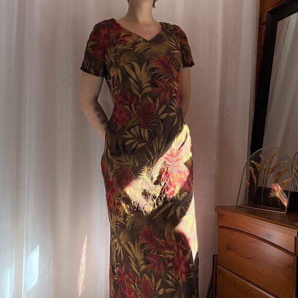 90s Karin Stevens Jungle Vibe Maxi Dress Cheetah Slip Lined Womens 10 Retro VTG - Picture 1 of 7